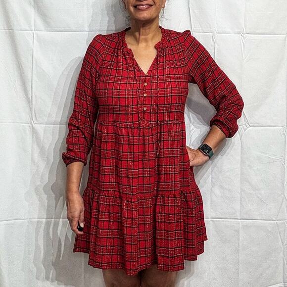 Loft Red Shimmer Plaid Tiered Pocket Midi Dress Sz XSP - Picture 1 of 12